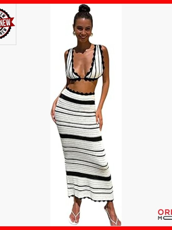 Dresses & Skirts - Striped Two Piece Set Deep V Neck Sleeveless Crop Top Midi Skirt